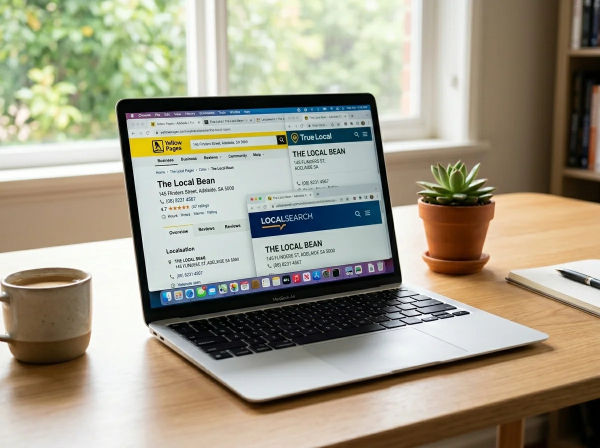 A laptop screen showing multiple online directory listings for a small business