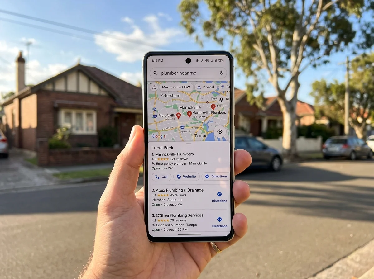 A smartphone showing Google Maps local pack results with three businesses listed
